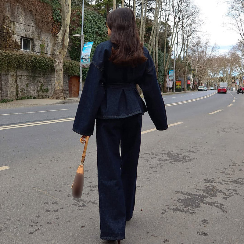 Conjunto de dos piezas de abrigo vaquero informal para mujer, pantalones con cordones y manga larga