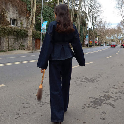Conjunto de dos piezas de abrigo vaquero informal para mujer, pantalones con cordones y manga larga