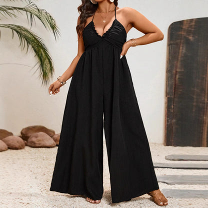 Women Fashion Sexy Solid Color Plus Size Halter Neck V Neck Jumpsuits