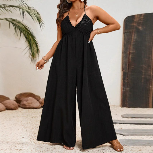 Women Fashion Sexy Solid Color Plus Size Halter Neck V Neck Jumpsuits