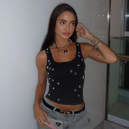 Camiseta sin mangas sexy con cuello en U y cuentas para mujer
