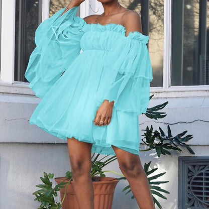Vestido elegante de color liso con volantes y hombros descubiertos para mujer