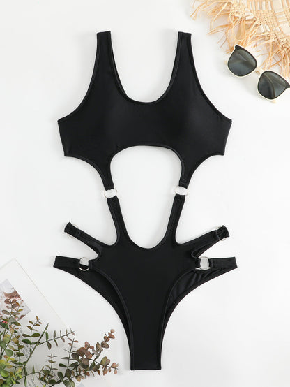 Traje de baño sexy de color sólido con agujeros para mujer