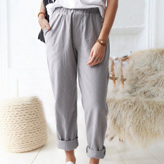 Pantalones casuales de algodón y lino de color sólido para mujer