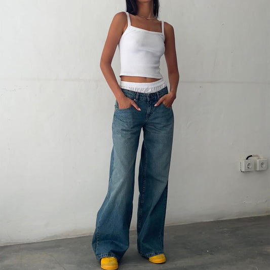Women Casual Retro Solid Color Low Waist Straight Jeans