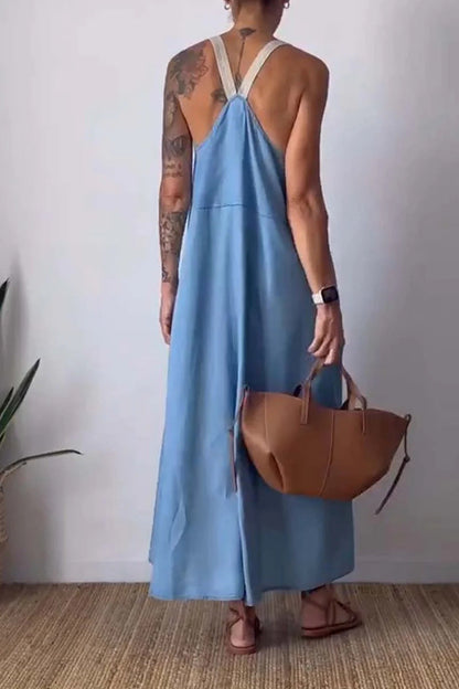 Vestido informal de lino y algodón con tirantes de color liso para mujer