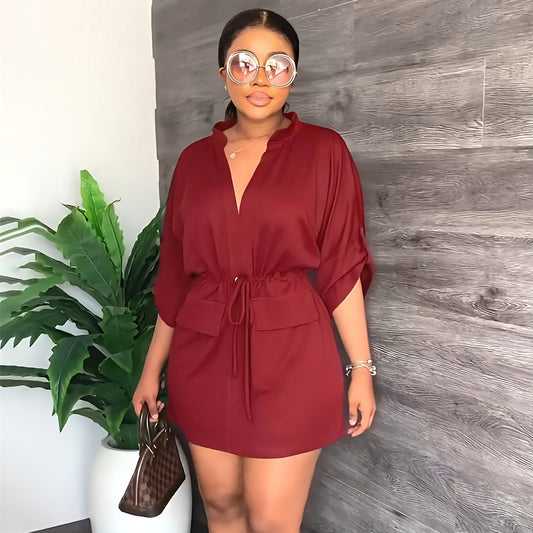 Women Fashion Casual Solid Color V-Neck Dress