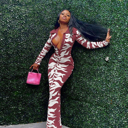 Women Fashion Sexy Printed Lapel-Breasted Dress