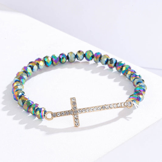 Women Fashion Creative Cross Colorful Crystal Beaded Bracelet