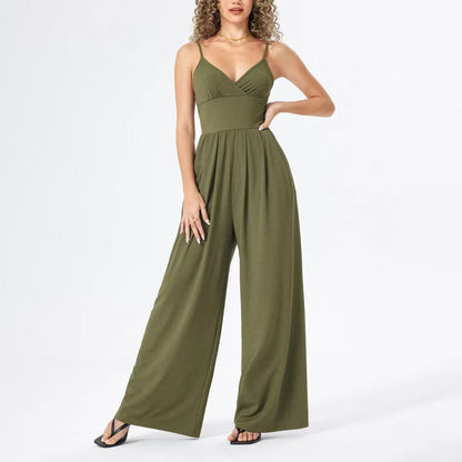 Women Casual Solid Color V-Neck Spaghetti Strap Jumpsuits
