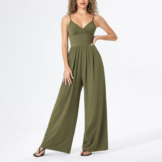 Women Casual Solid Color V-Neck Spaghetti Strap Jumpsuits