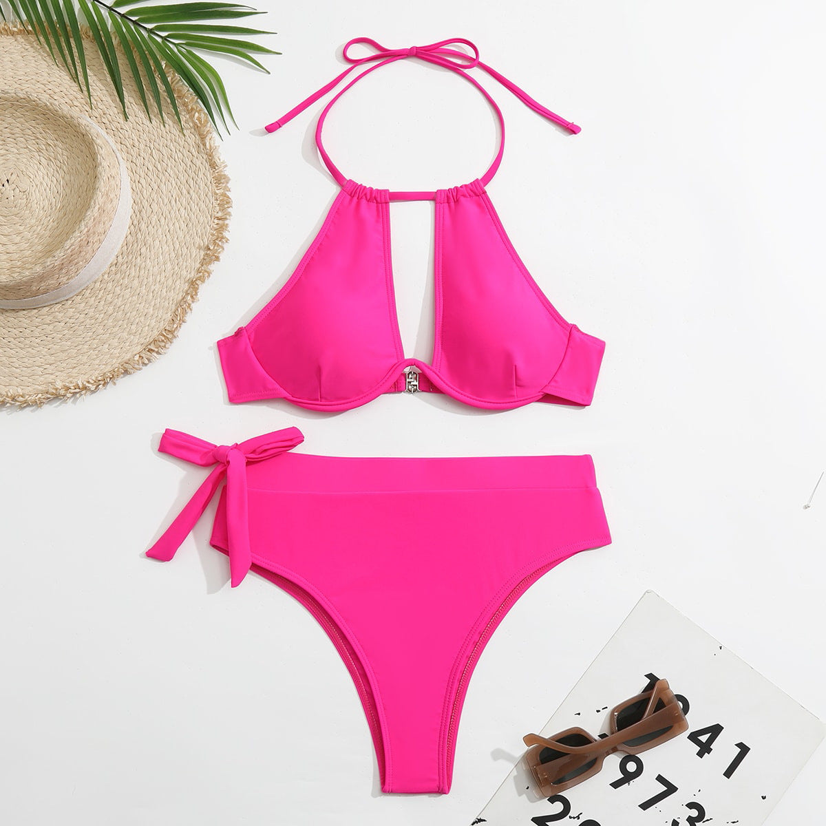 Traje de baño bikini sexy de color sólido con cuello halter para mujer