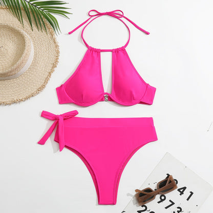 Traje de baño bikini sexy de color sólido con cuello halter para mujer