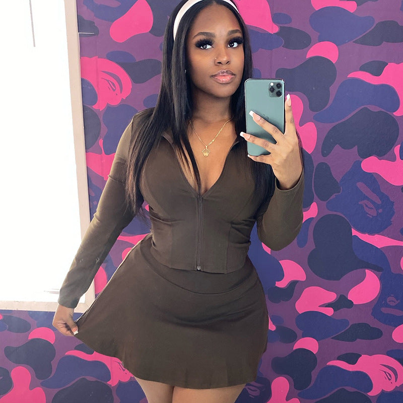 Women Fashion Long-Sleeve Zipper Top and Tight Skirt Set