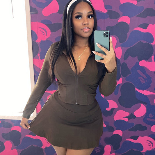 Women Fashion Long-Sleeve Zipper Top and Tight Skirt Set