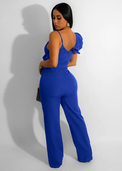 Women Fashion Solid Color V-Neck Ruffled Jumpsuits