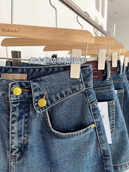 Pantalones cortos vaqueros de pierna ancha y cintura alta informales a la moda para mujer