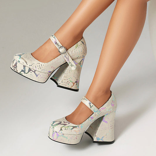 Zapatos de tacón alto con plataforma y punta redonda con lentejuelas serpentinas para mujer