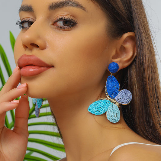 Women Fashion Boho Multicolor Raffia Grass Butterfly Earrings