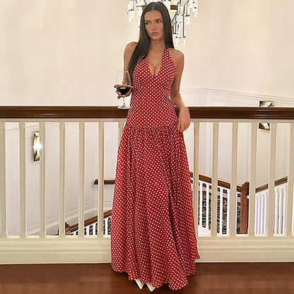 Women Fashion Sexy Polo Dot Printed V Neck Dress with Lace Up