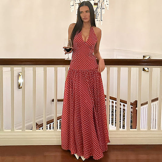 Women Fashion Sexy Polo Dot Printed V Neck Dress with Lace Up