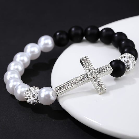 Women Fashion White Imitation Pearl Cross Bracelet