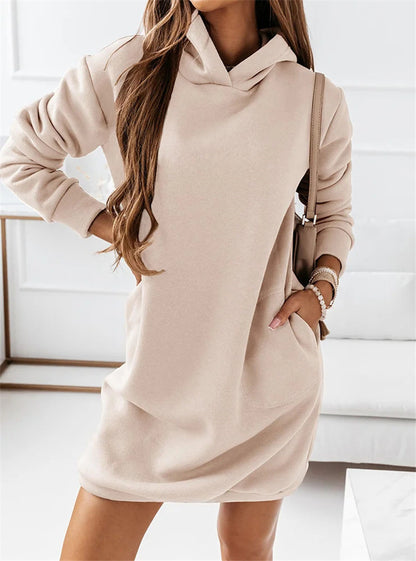 Vestido informal con capucha de manga larga y color liso para mujer