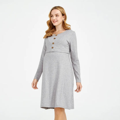 Vestido casual de cuello redondo de color sólido para mujeres embarazadas