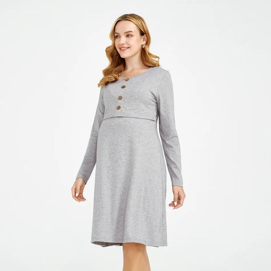 Vestido casual de cuello redondo de color sólido para mujeres embarazadas