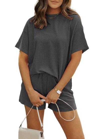 Conjunto de camiseta informal de rayas de color liso para mujer