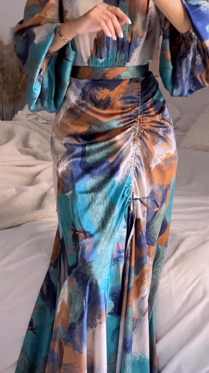 Vestido elegante de manga larga abullonada con grafiti para mujer