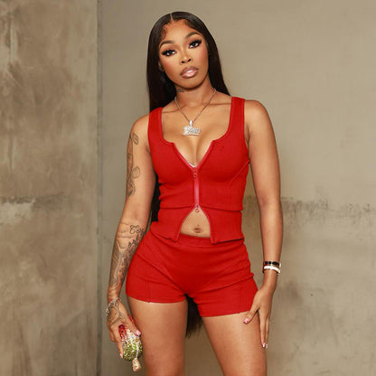 Women Fashion Sleeveless Zipper Tank Top and Tight Shorts Two-Piece Set