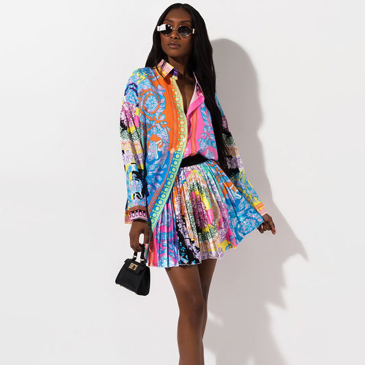 Women Fashion Casual Geometric Printed Blouse Set