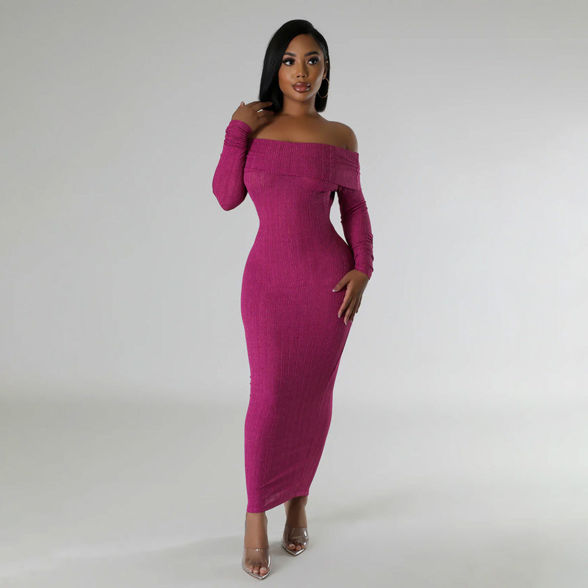 Women Fashion Sexy Solid Color Off Shoulder Dress