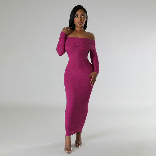 Women Fashion Sexy Solid Color Off Shoulder Dress