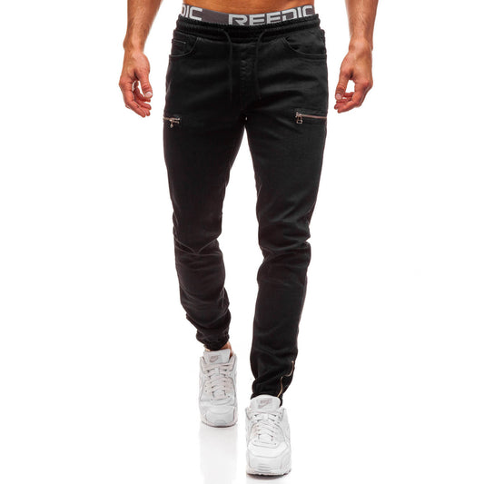 Pantalon décontracté en denim givré avec cordon de serrage et fermeture éclair pour homme