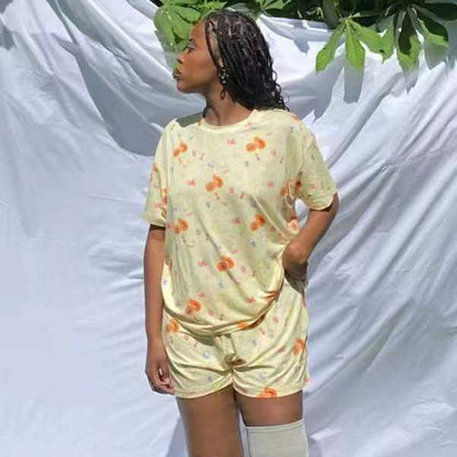 Women Casual Printed Short-Sleeve T-Shirt and Shorts Pajama Set
