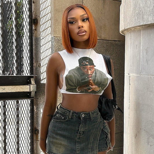 Women Fashion Sexy 3D Print Round Neck Sleeveless Crop Top
