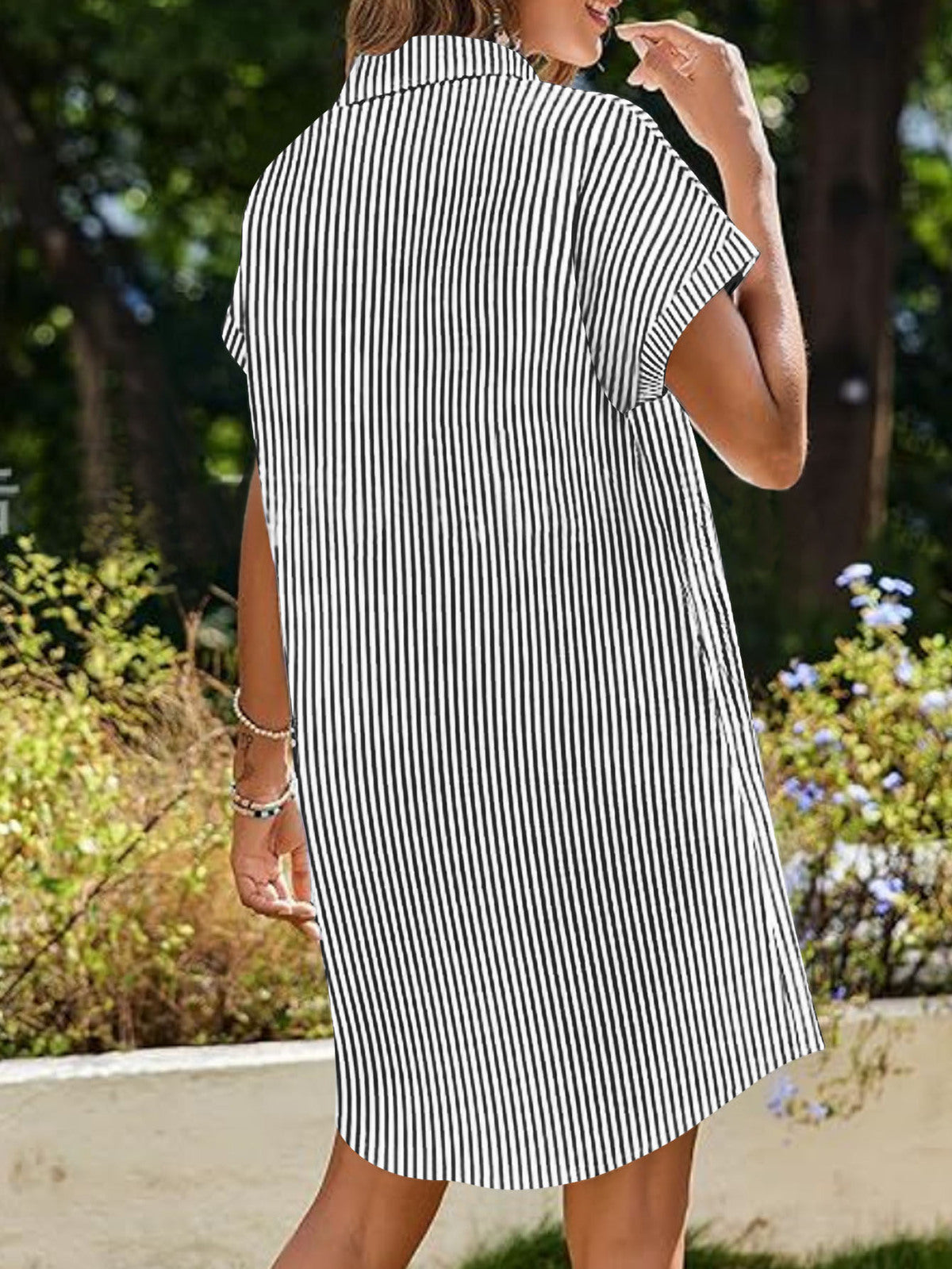Vestido informal de manga corta con solapa y rayas para mujer