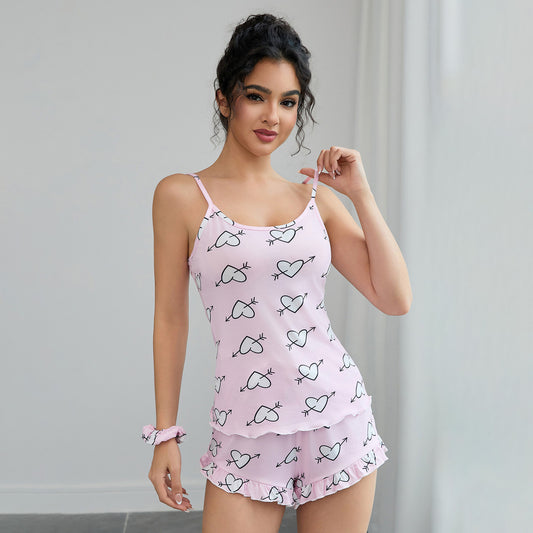 Women Fashion Sexy Love Printed Camisole Loose Shorts Pajamas Set
