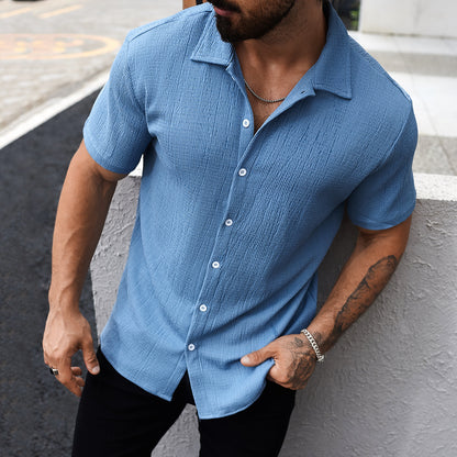 Camisa informal de manga corta con solapa de color liso para hombre, confeccionada en mezcla de poliéster