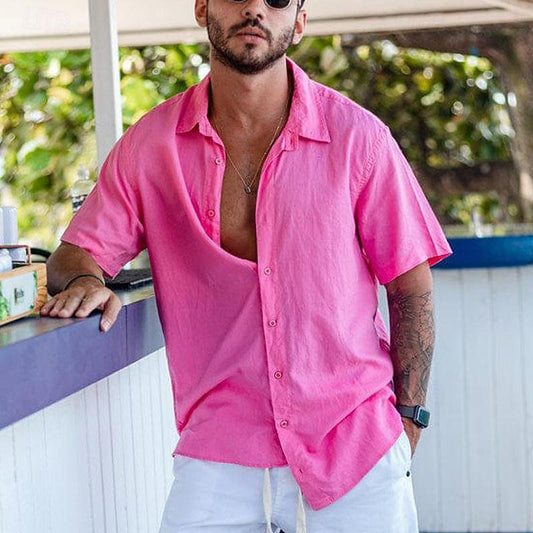 Camisa informal de algodón de manga corta y color liso para hombre con cuello de solapa