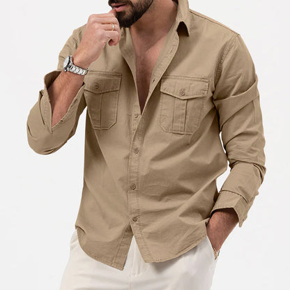 Men's Fashion Casual Solid Color Long Sleeve Lapel Shirt