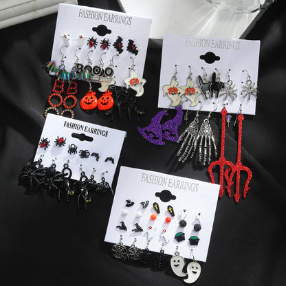 Juego de pendientes de calabaza, murciélago y fantasma de Halloween, aleación de dibujos animados