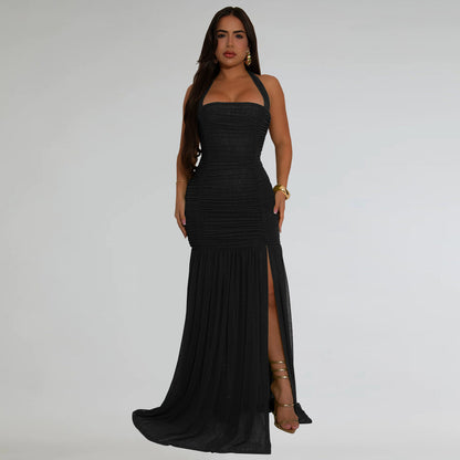 Robe élégante à dos nu plissée en maille de couleur unie pour femme