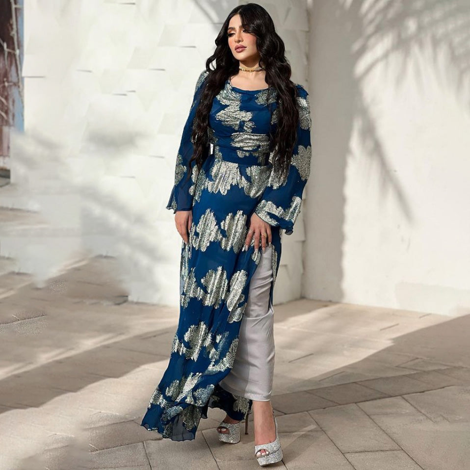 Women Fashion Printed Chiffon Round-Neck Dress with Bubble Sleeves