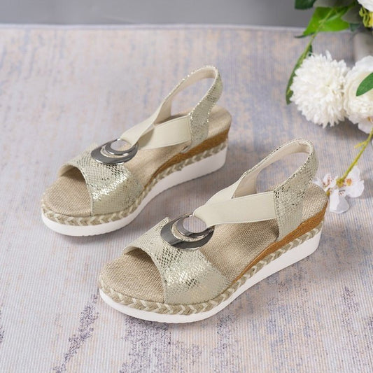 Sandalias de cuña con punta abierta y hebilla metálica de cáñamo para mujer, informales, para vacaciones