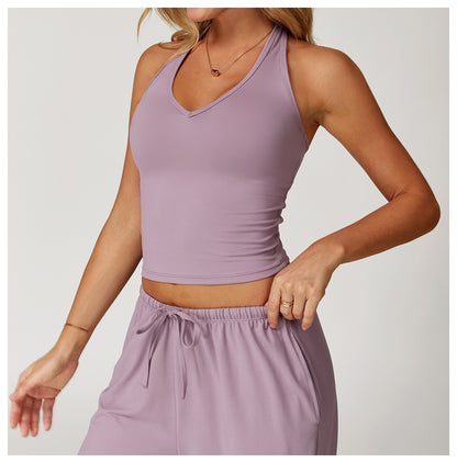 Camiseta de yoga informal sin espalda de color sólido para mujer