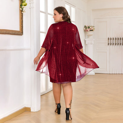 Women Fashion Casual Plus Size Mesh Splicing Dress