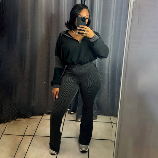 Women Casual Long-Sleeve Hoodie and Flare Pants Set
